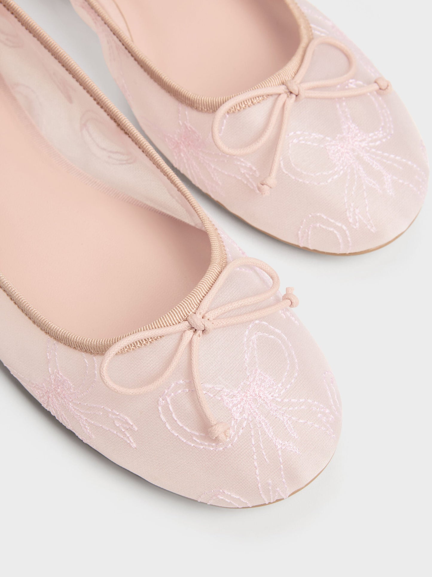 Embroidered-Mesh Bow Ballet Flats - Light Pink | CHARLES & KEITH