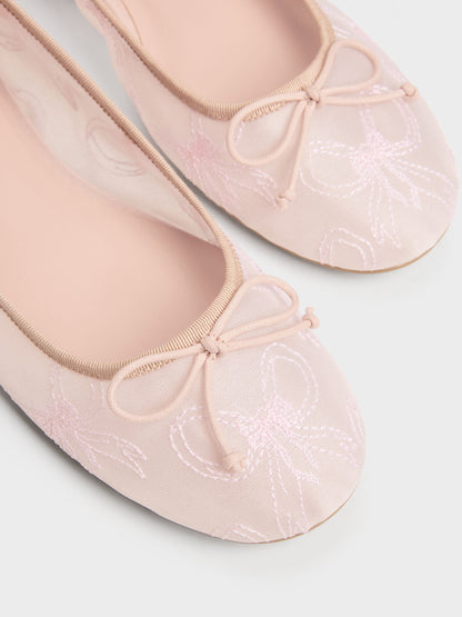 Embroidered-Mesh Bow Ballet Flats - Light Pink | CHARLES & KEITH