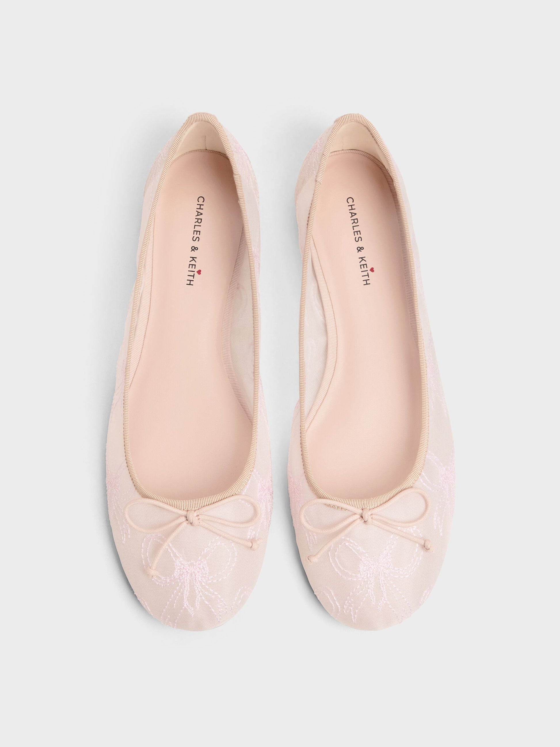 Embroidered-Mesh Bow Ballet Flats - Light Pink | CHARLES & KEITH
