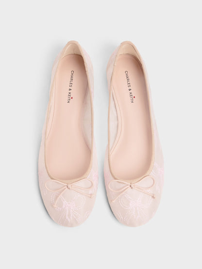 Embroidered-Mesh Bow Ballet Flats - Light Pink | CHARLES & KEITH