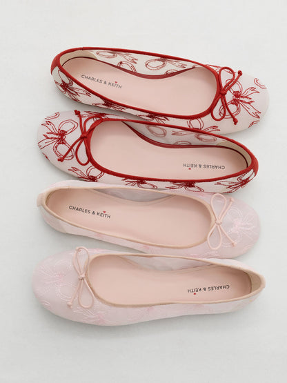 Embroidered-Mesh Bow Ballet Flats - Light Pink | CHARLES & KEITH