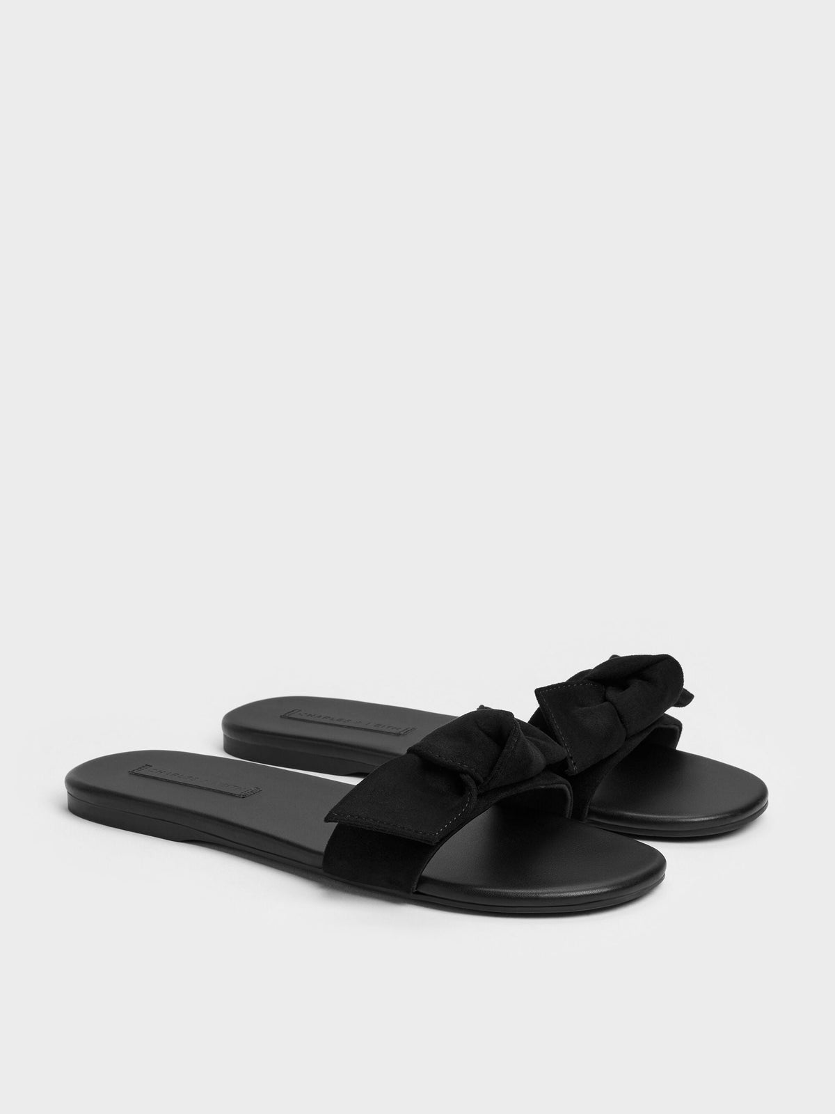 Anika Faux Suede Knot-Bow Slides - Black Textured | CHARLES & KEITH