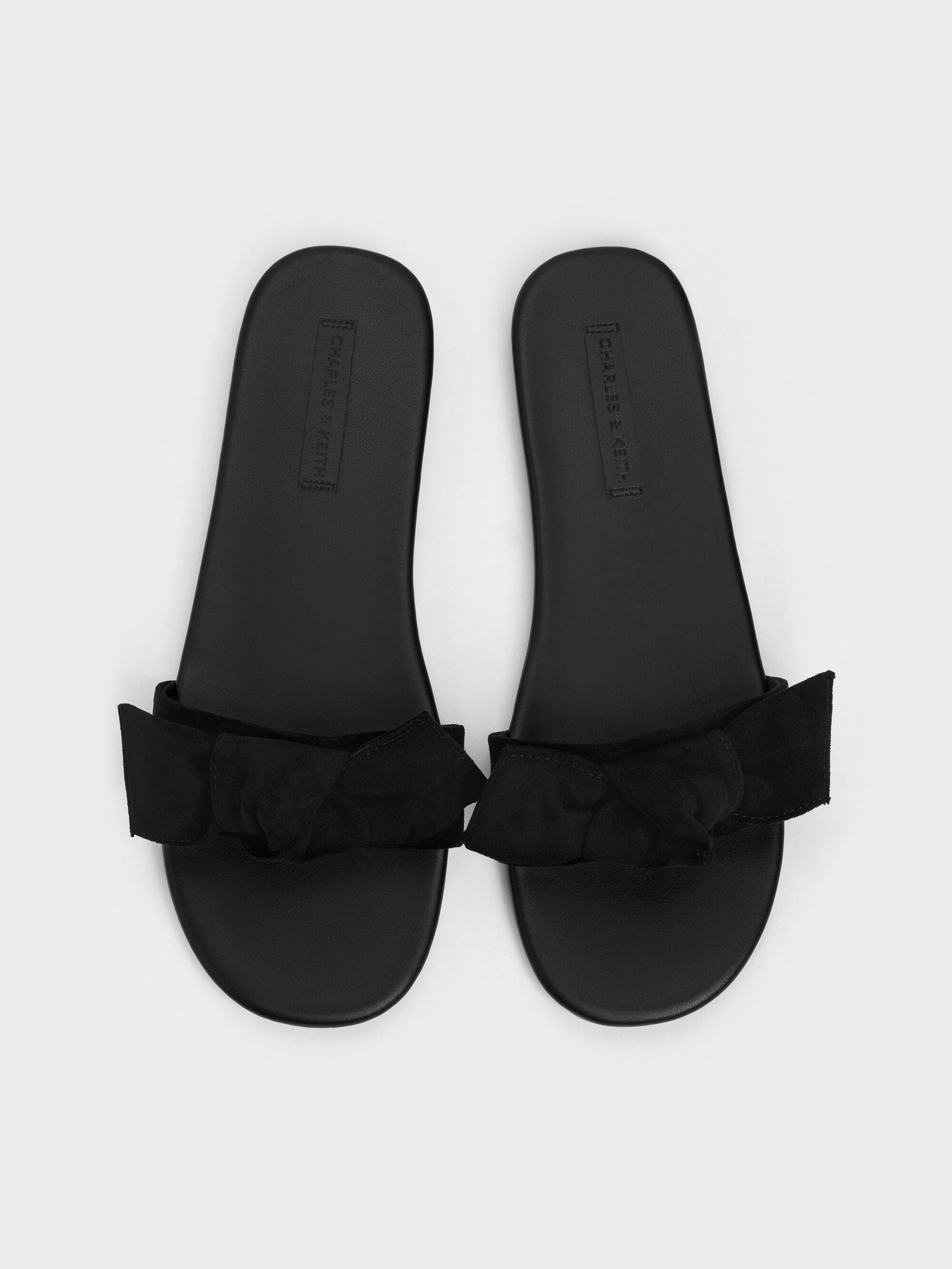 Anika Faux Suede Knot-Bow Slides - Black Textured | CHARLES & KEITH