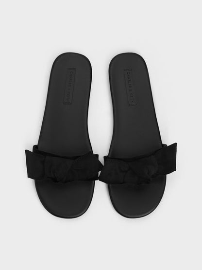 Anika Faux Suede Knot-Bow Slides - Black Textured | CHARLES & KEITH