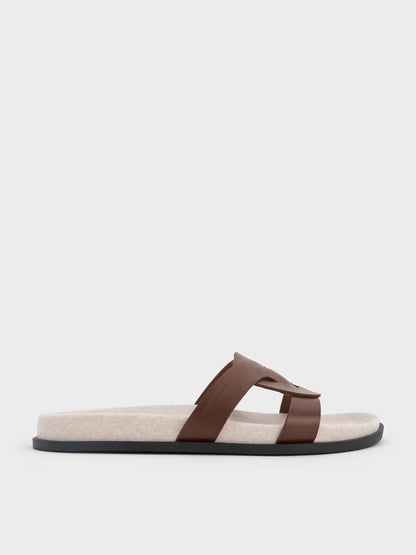Fannie Linen Interwoven Slide Sandals - Dark Brown | CHARLES & KEITH