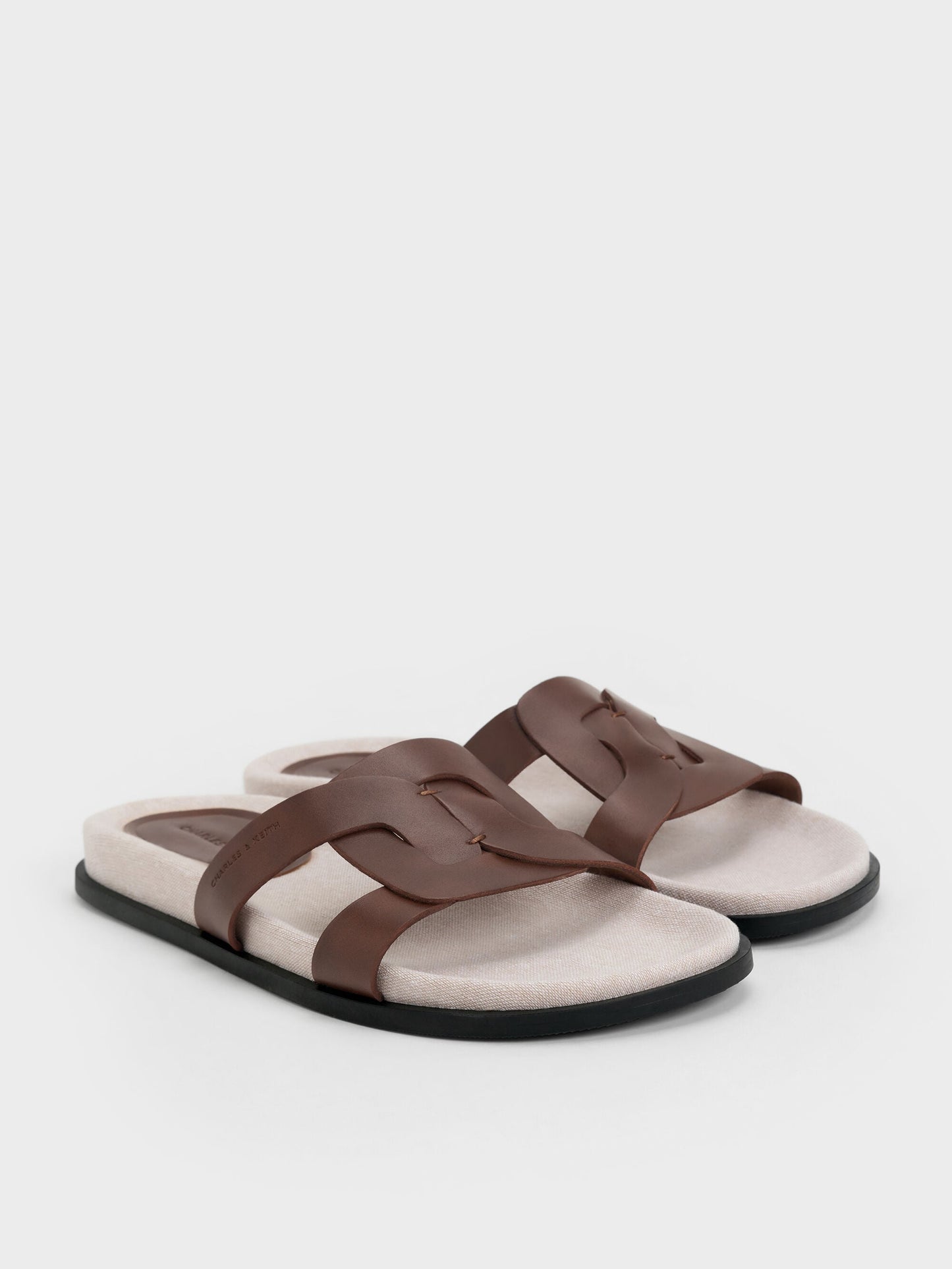 Fannie Linen Interwoven Slide Sandals - Dark Brown | CHARLES & KEITH