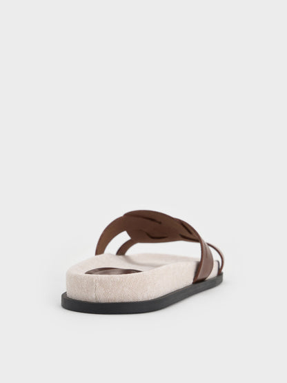 Fannie Linen Interwoven Slide Sandals - Dark Brown | CHARLES & KEITH