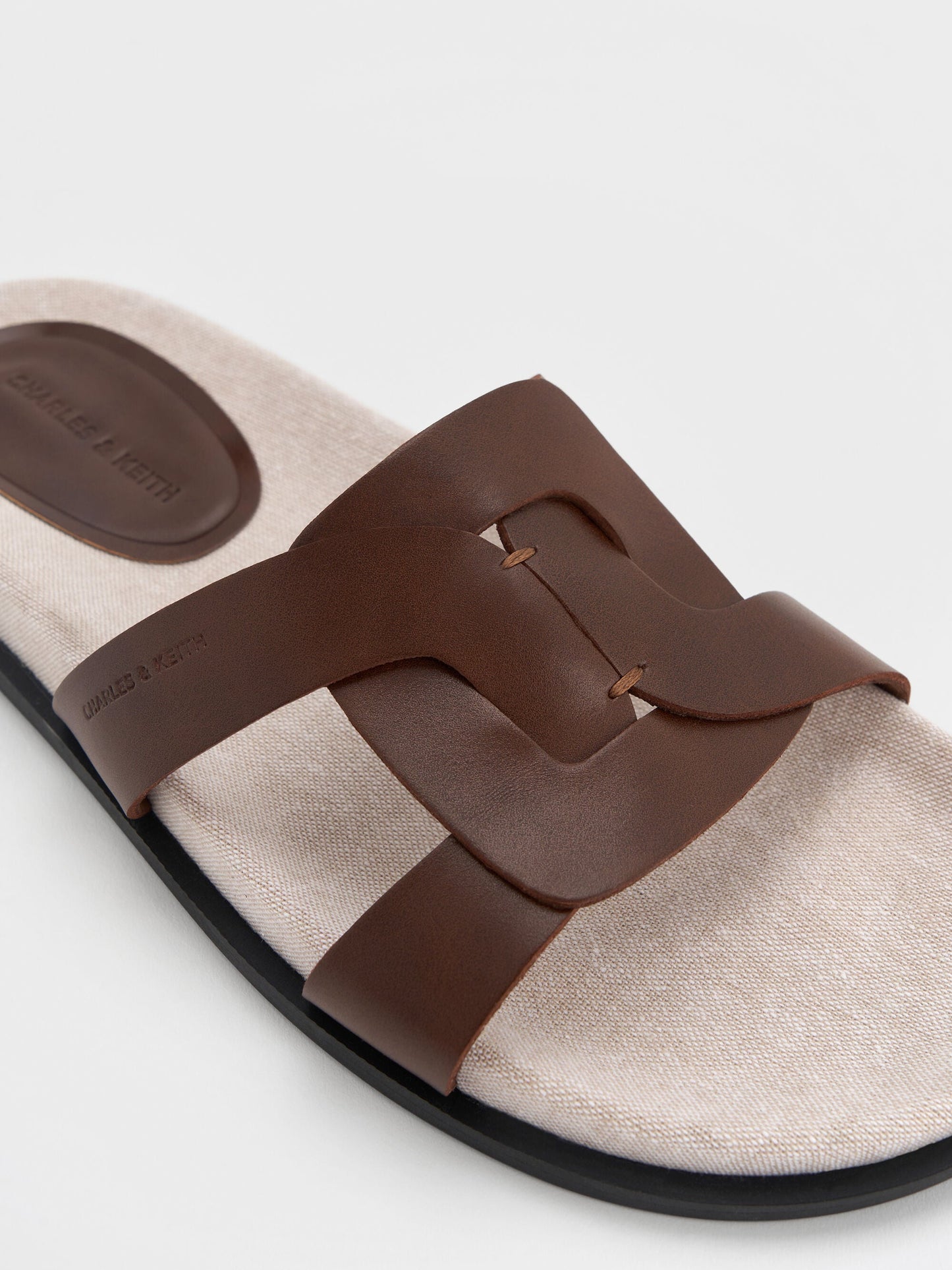 Fannie Linen Interwoven Slide Sandals - Dark Brown | CHARLES & KEITH