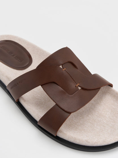 Fannie Linen Interwoven Slide Sandals - Dark Brown | CHARLES & KEITH