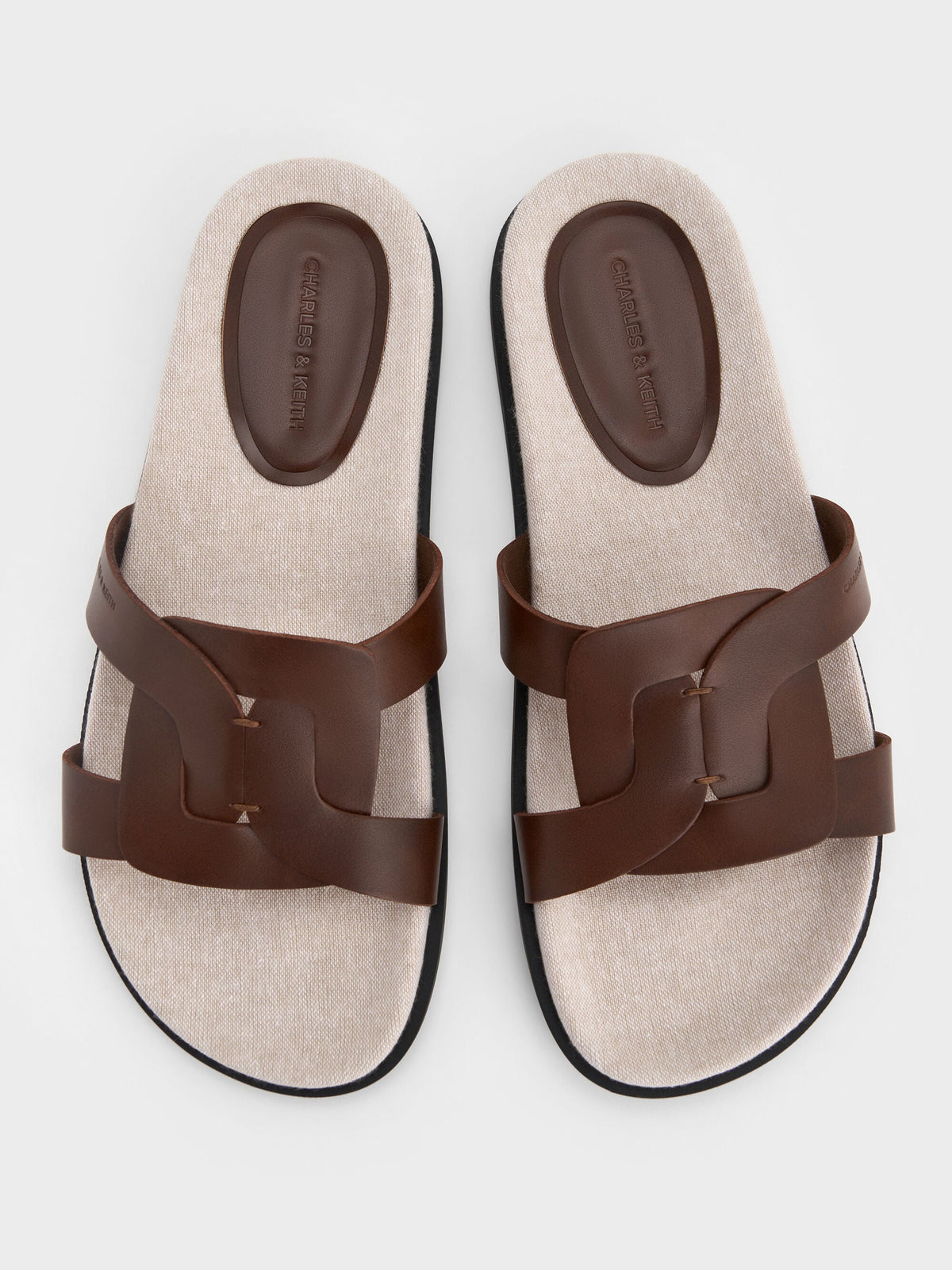 Fannie Linen Interwoven Slide Sandals - Dark Brown | CHARLES & KEITH