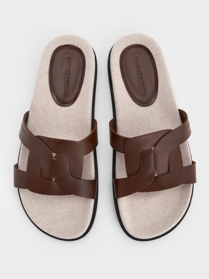 Fannie Linen Interwoven Slide Sandals - Dark Brown | CHARLES & KEITH