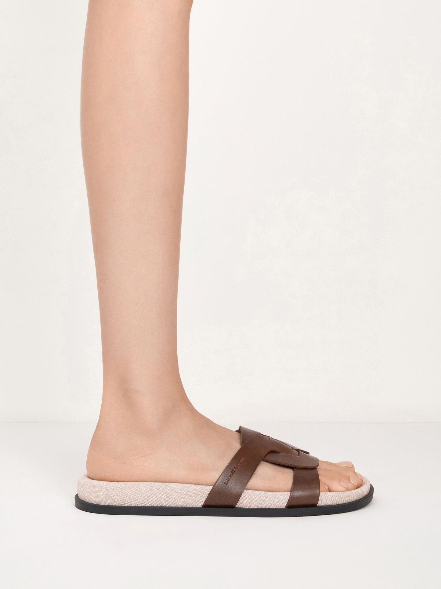 Fannie Linen Interwoven Slide Sandals - Dark Brown | CHARLES & KEITH