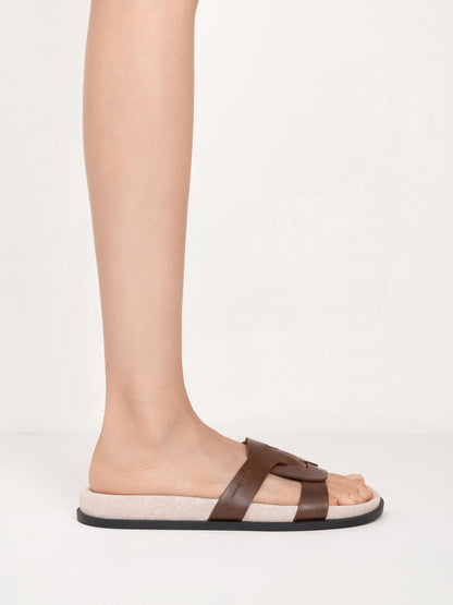 Fannie Linen Interwoven Slide Sandals - Dark Brown | CHARLES & KEITH