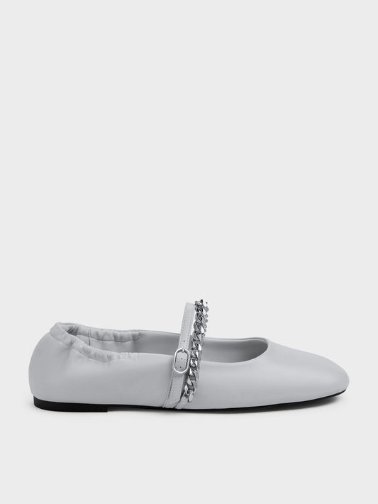 Georgie Chain Mary Jane Flats - Light Grey | CHARLES & KEITH