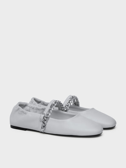 Georgie Chain Mary Jane Flats - Light Grey | CHARLES & KEITH