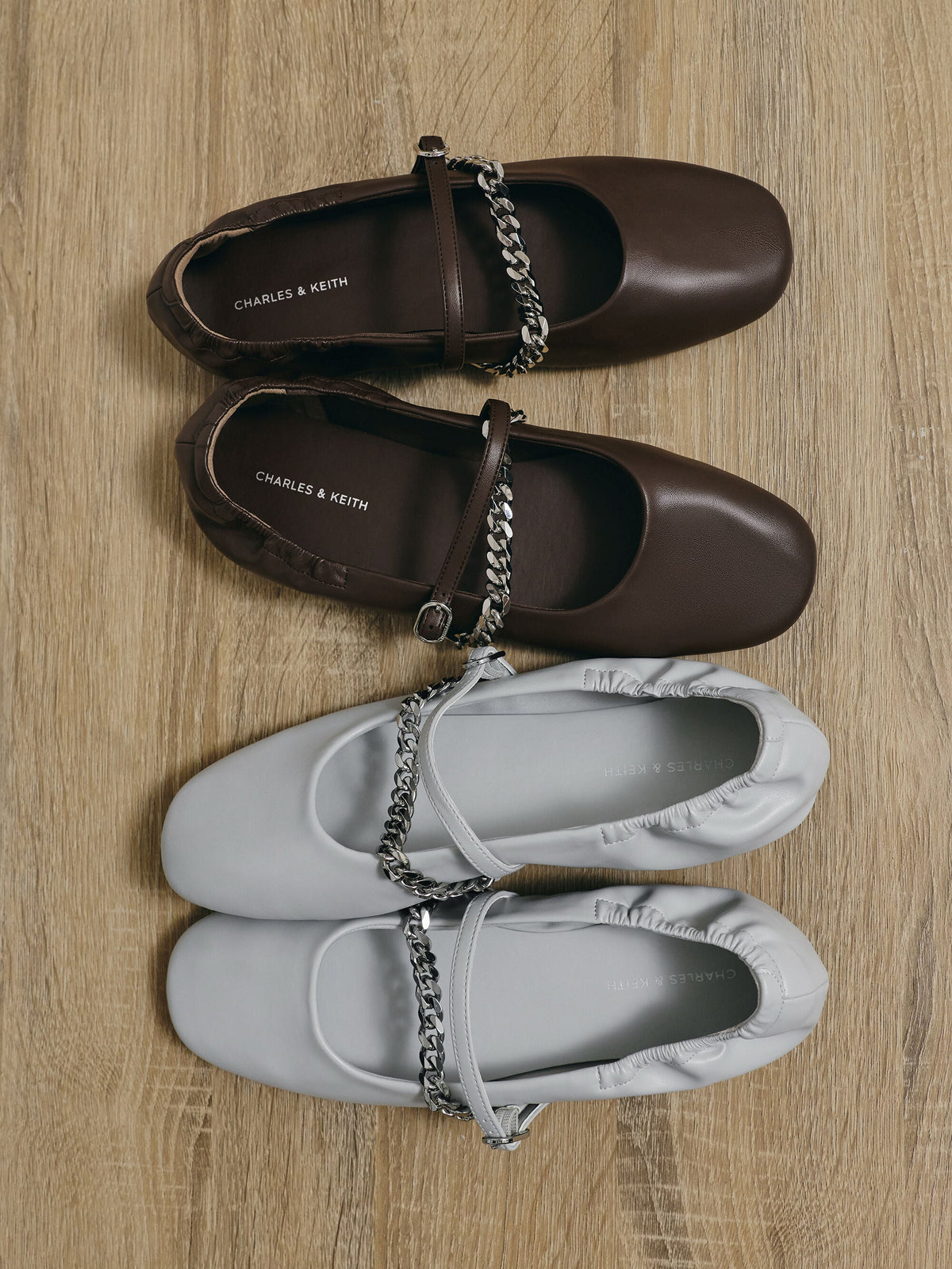 Georgie Chain Mary Jane Flats - Light Grey | CHARLES & KEITH