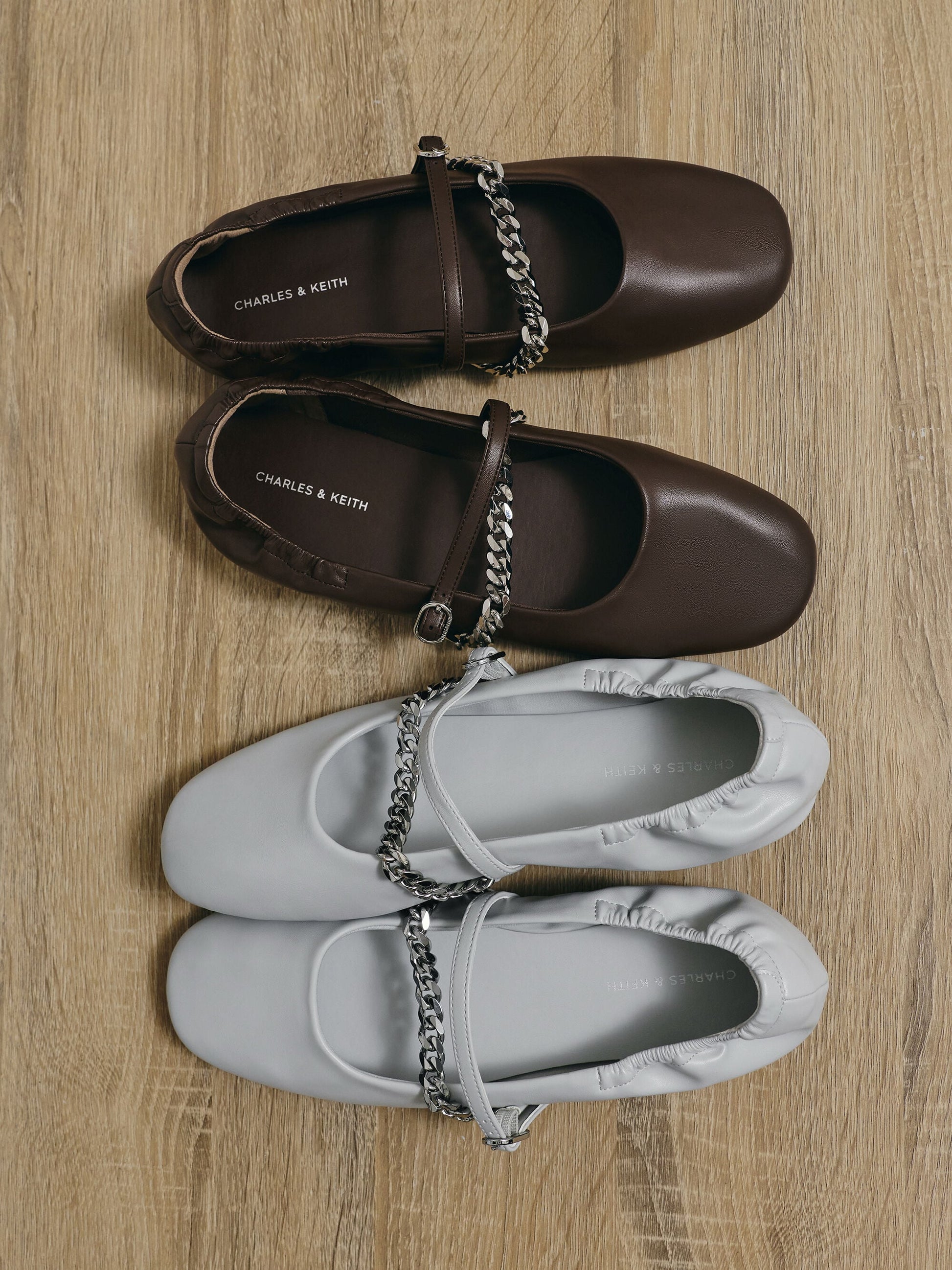 Georgie Chain Mary Jane Flats - Light Grey | CHARLES & KEITH