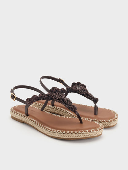Flower Espadrille Thong Sandals - Dark Brown | CHARLES & KEITH