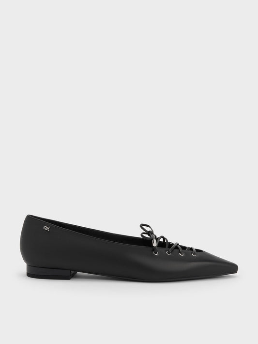 Jianna Leather Lace-Tie Flats - Black | CHARLES & KEITH