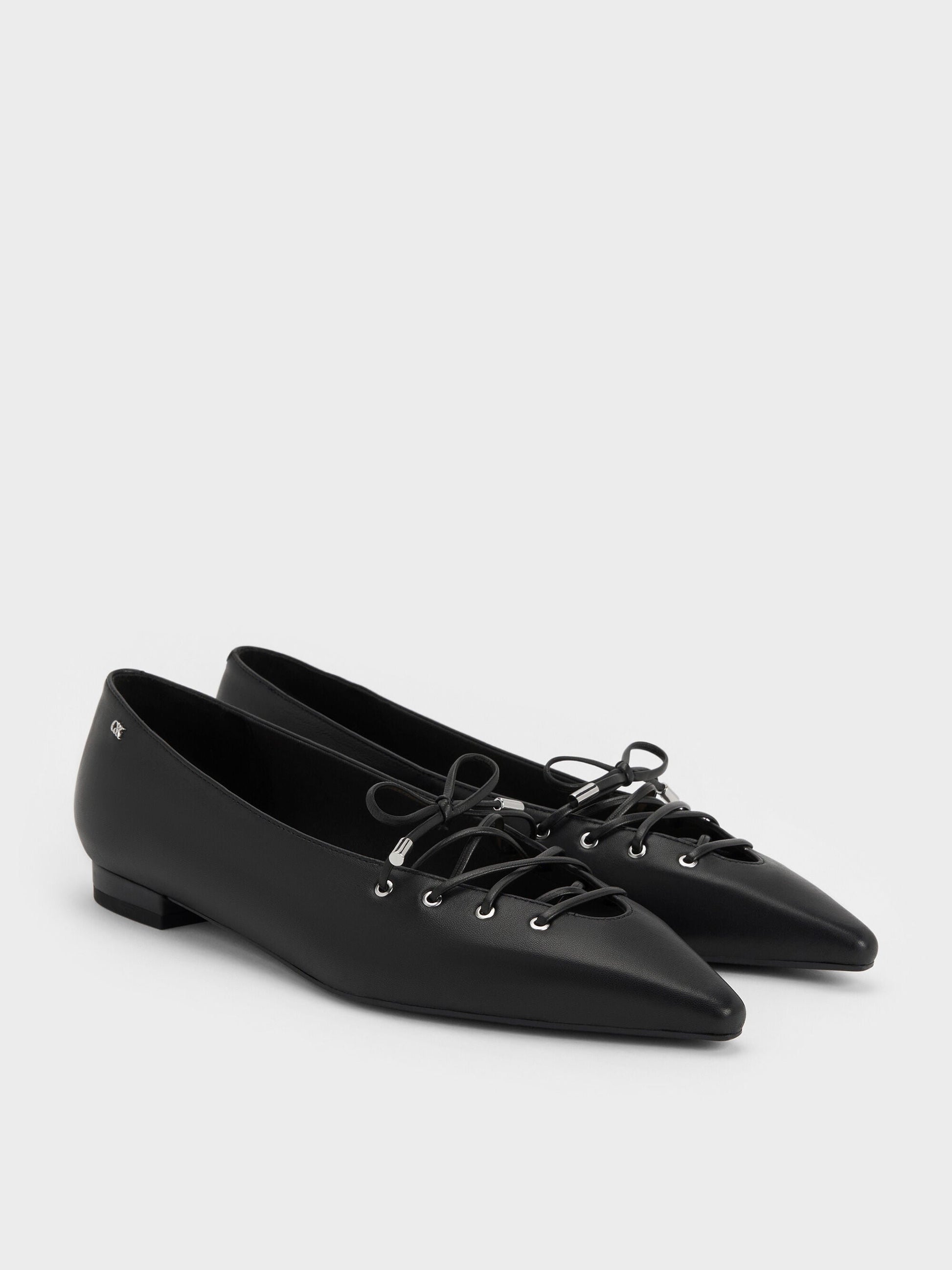 Jianna Leather Lace-Tie Flats - Black | CHARLES & KEITH