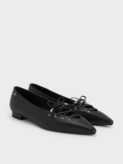 Jianna Leather Lace-Tie Flats - Black | CHARLES & KEITH