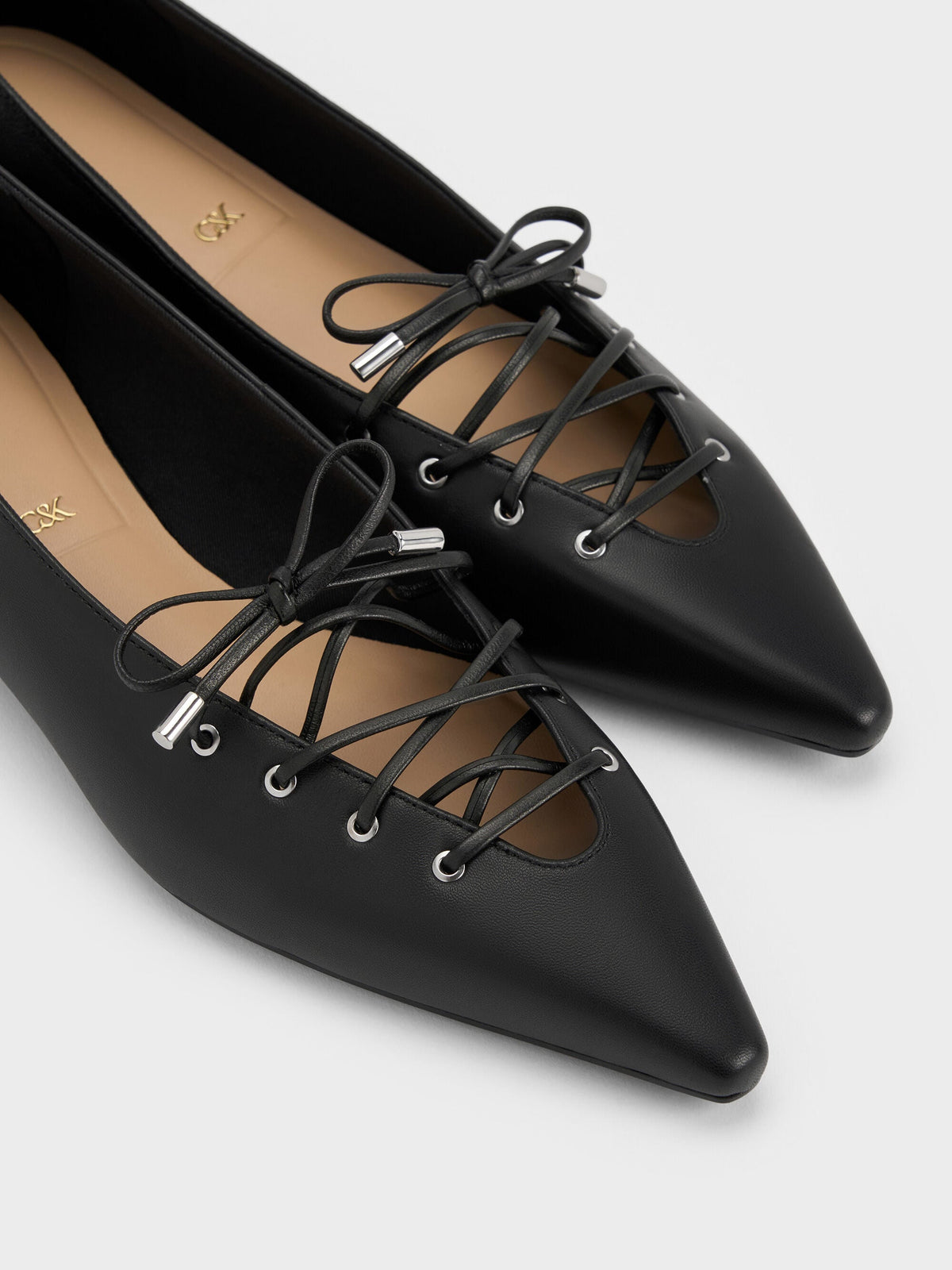 Jianna Leather Lace-Tie Flats - Black | CHARLES & KEITH