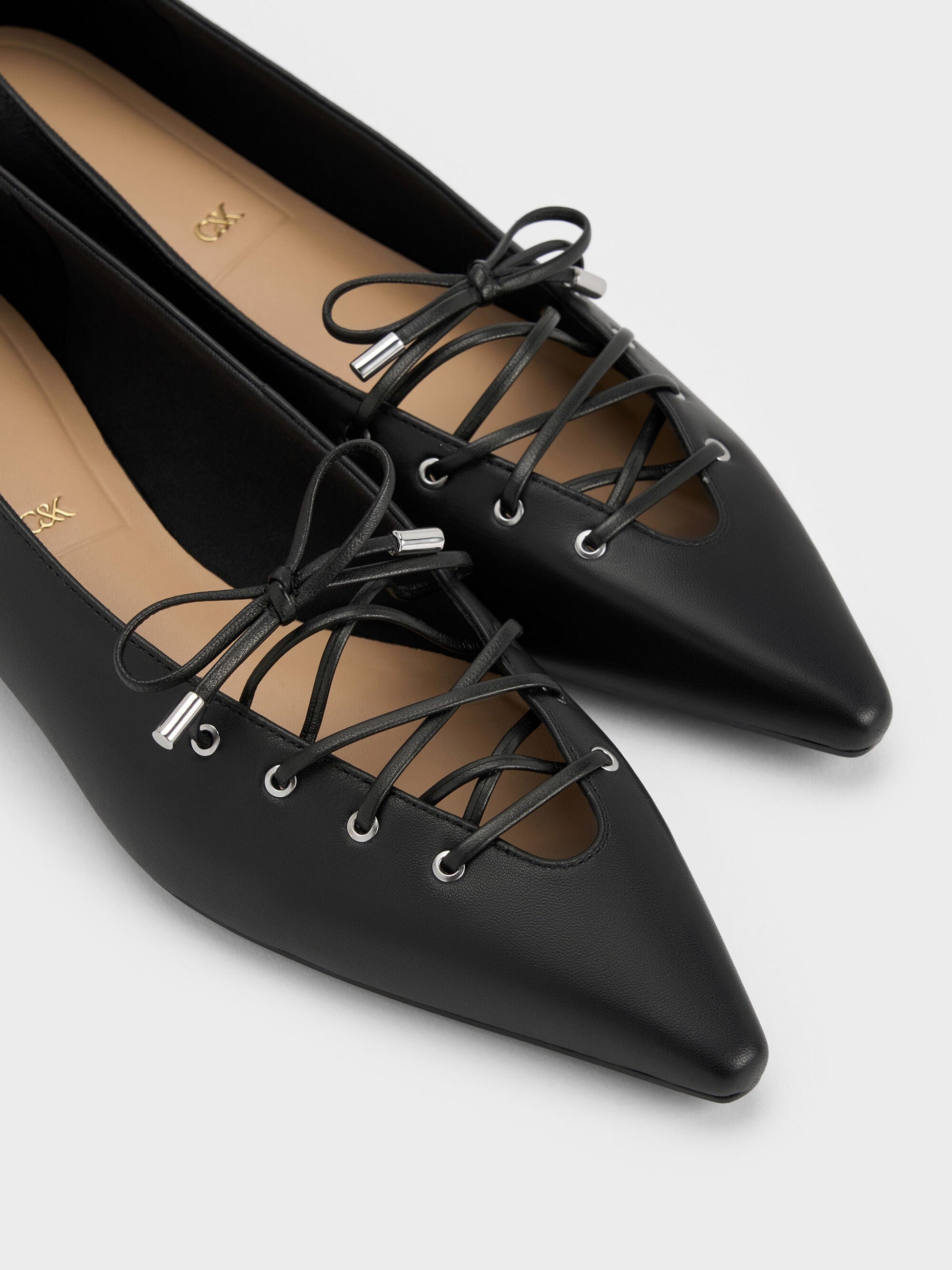 Jianna Leather Lace-Tie Flats - Black | CHARLES & KEITH