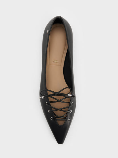 Jianna Leather Lace-Tie Flats - Black | CHARLES & KEITH
