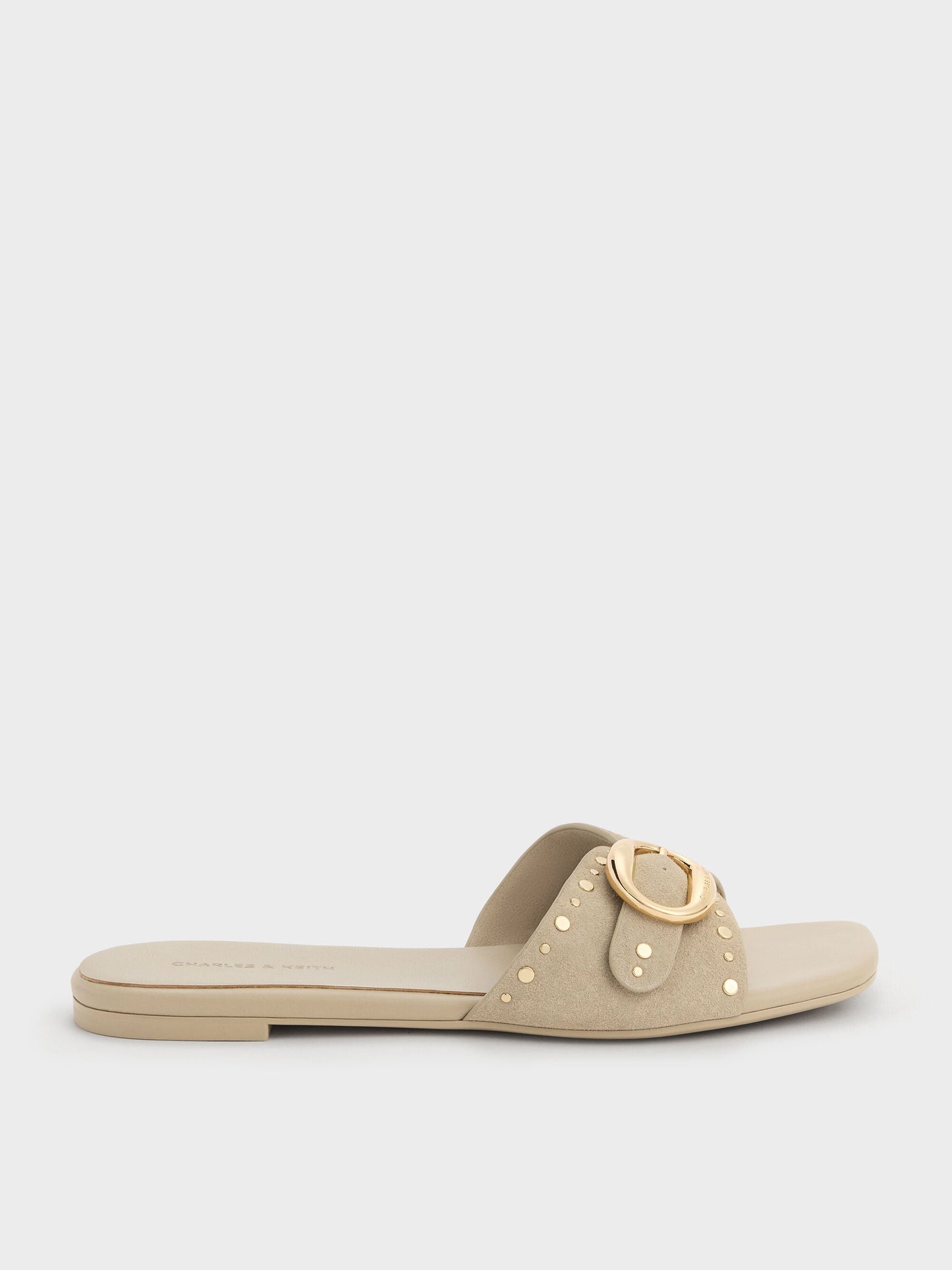 Studded Buckled Slide Sandals - Beige | CHARLES & KEITH