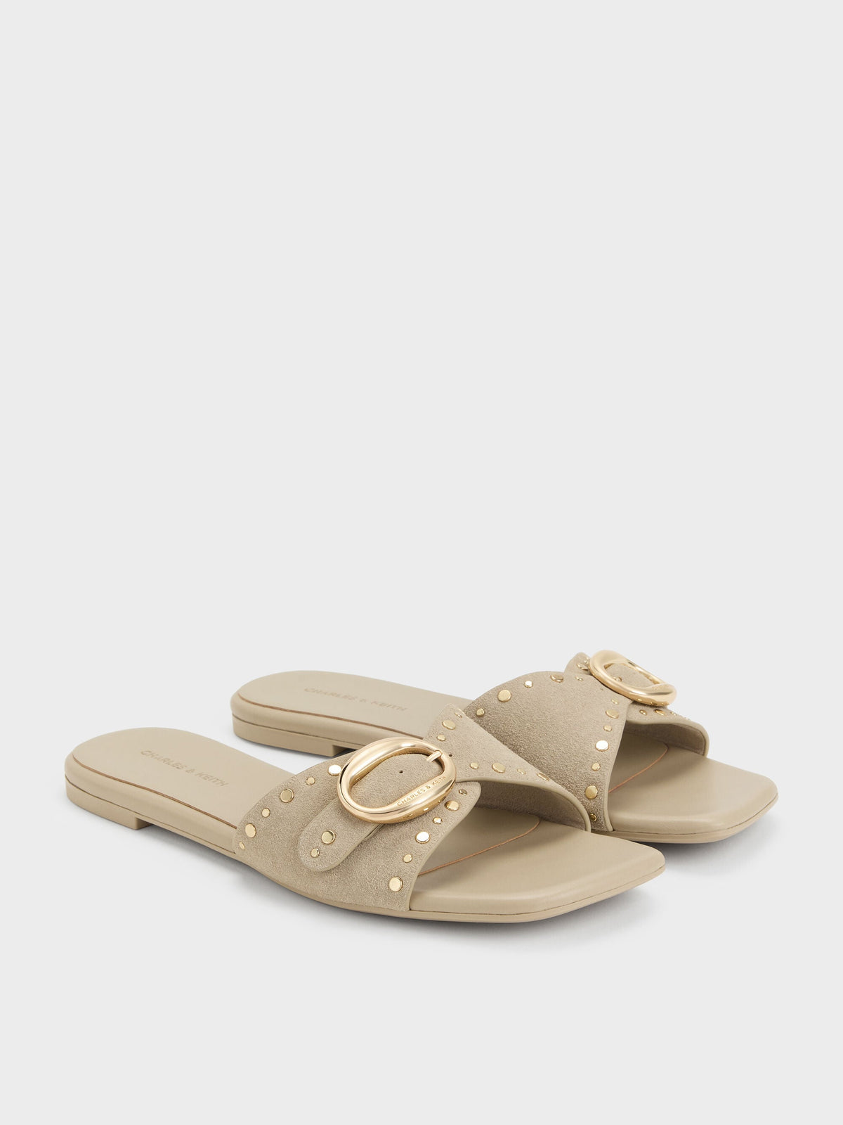 Studded Buckled Slide Sandals - Beige | CHARLES & KEITH
