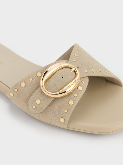 Studded Buckled Slide Sandals - Beige | CHARLES & KEITH