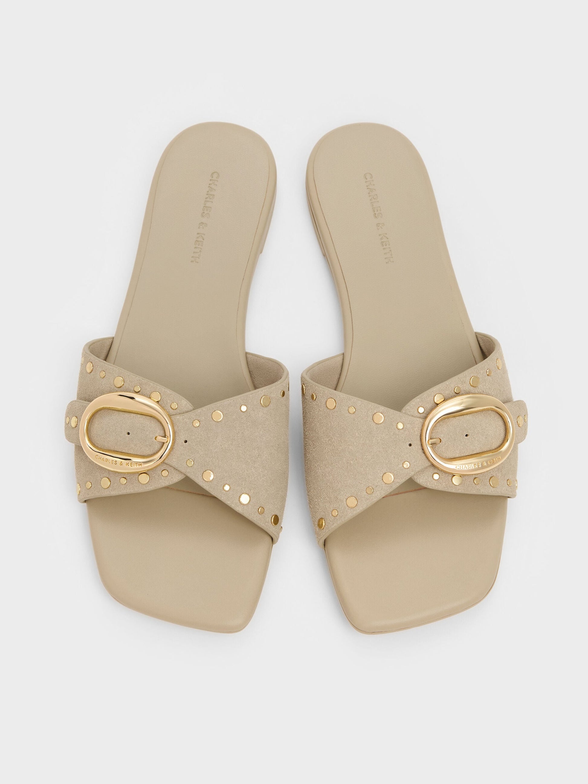 Studded Buckled Slide Sandals - Beige | CHARLES & KEITH