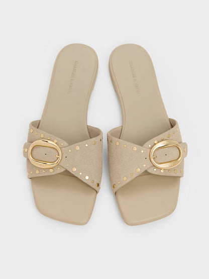 Studded Buckled Slide Sandals - Beige | CHARLES & KEITH