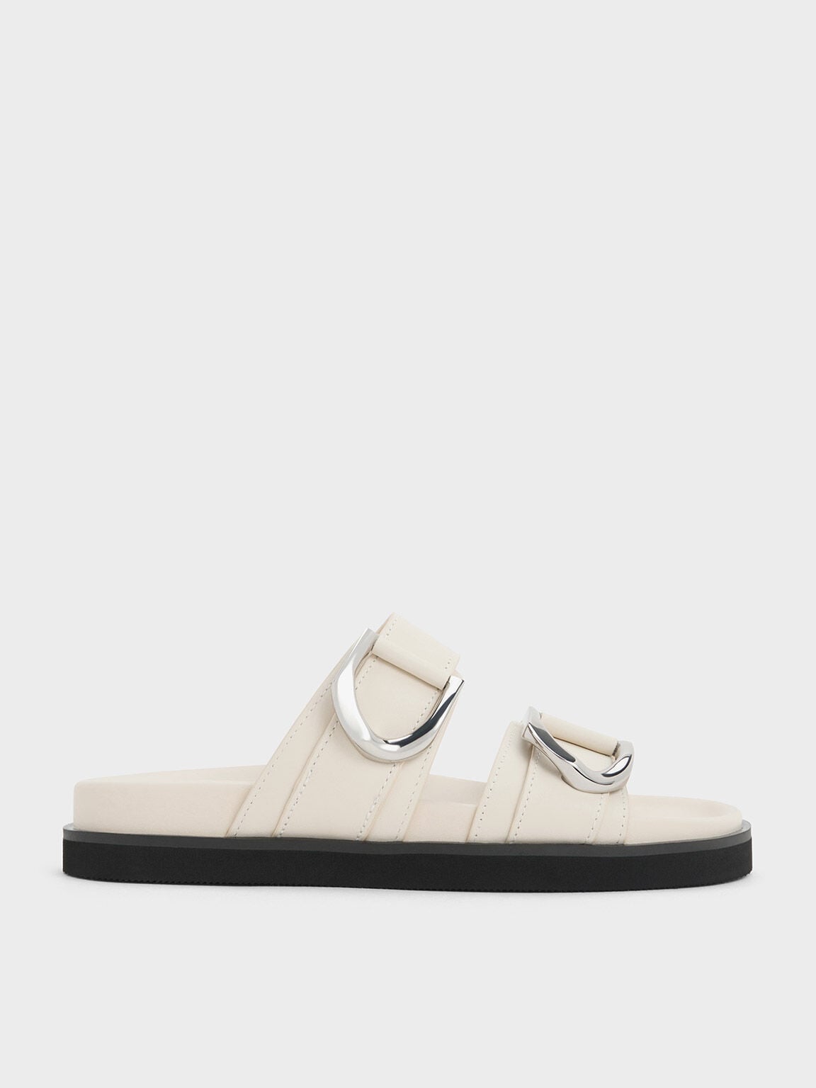 Gabine Silver-Buckle Leather Slides - Chalk | CHARLES & KEITH