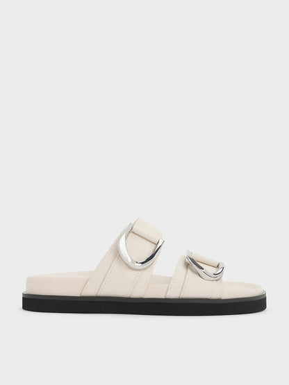 Gabine Silver-Buckle Leather Slides - Chalk | CHARLES & KEITH