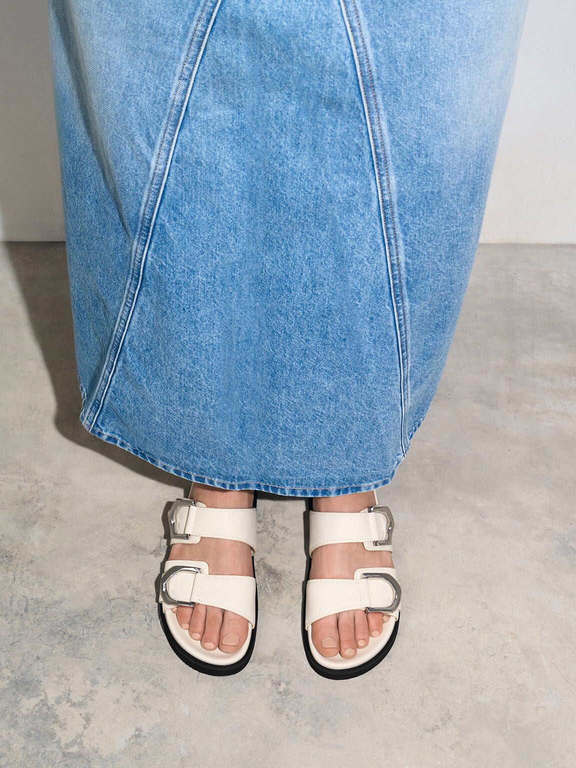 Gabine Silver-Buckle Leather Slides - Chalk | CHARLES & KEITH