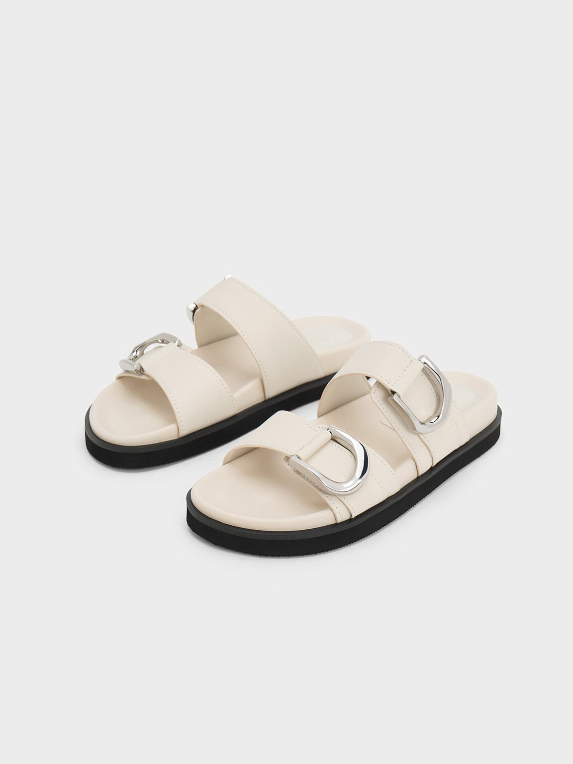 Gabine Silver-Buckle Leather Slides - Chalk | CHARLES & KEITH