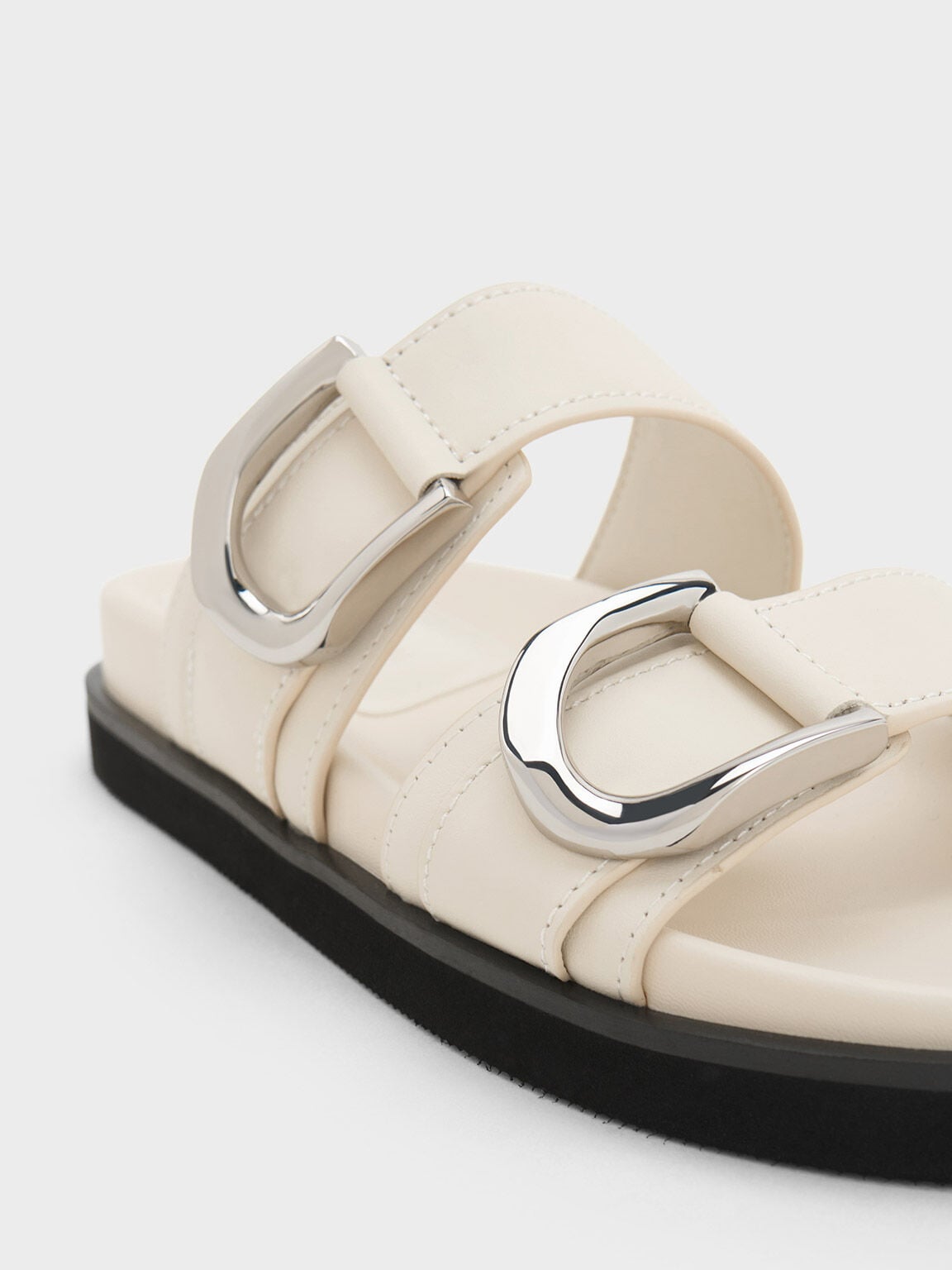 Gabine Silver-Buckle Leather Slides - Chalk | CHARLES & KEITH