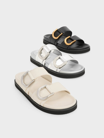 Gabine Silver-Buckle Leather Slides - Chalk | CHARLES & KEITH