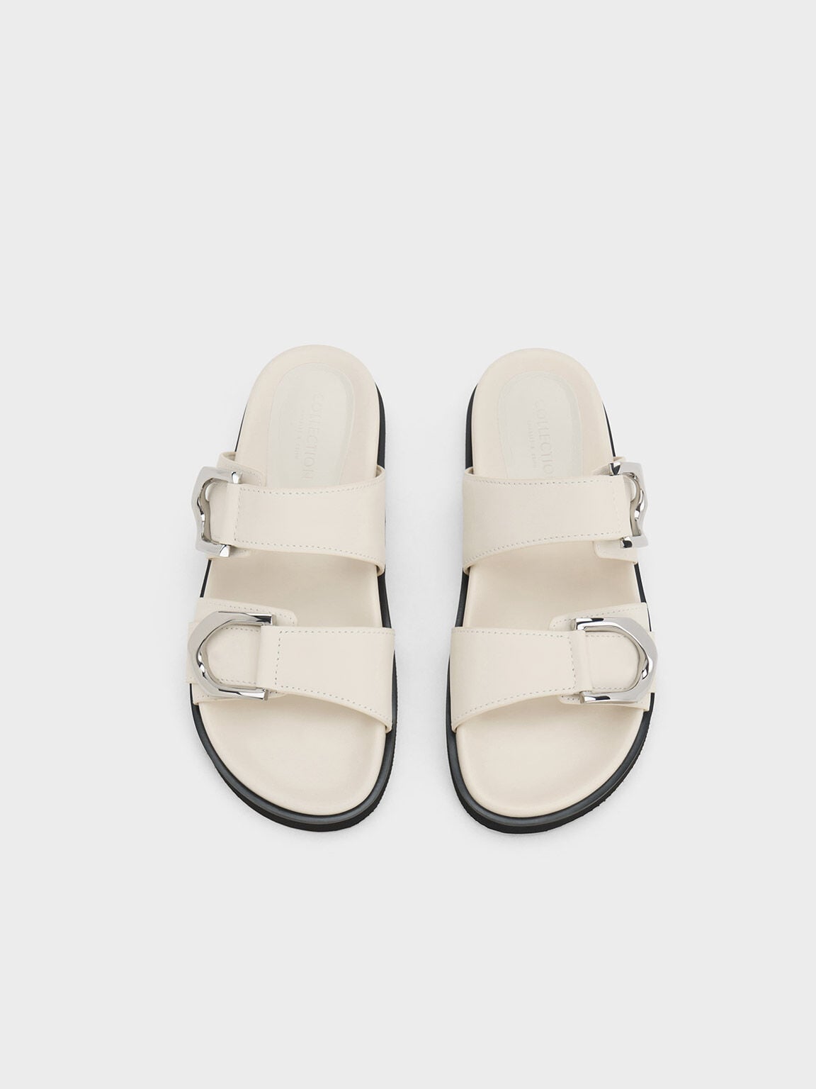 Gabine Silver-Buckle Leather Slides - Chalk | CHARLES & KEITH