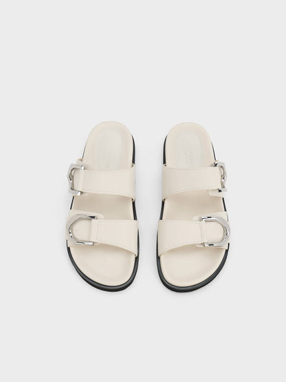 Gabine Silver-Buckle Leather Slides - Chalk | CHARLES & KEITH