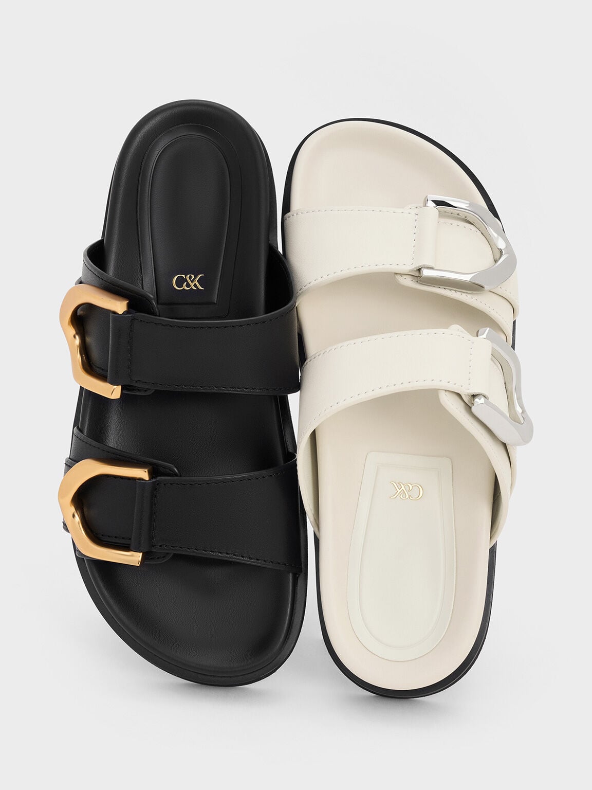 Gabine Silver-Buckle Leather Slides - Chalk | CHARLES & KEITH