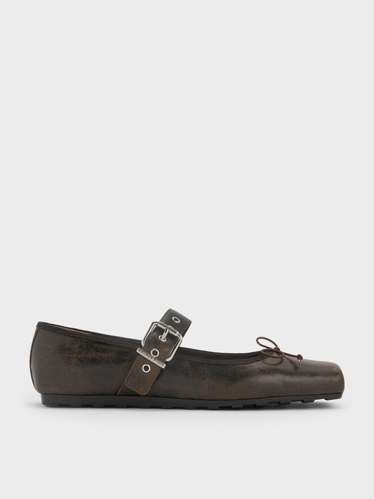 Myler Crinkle-Effect Bow Mary Janes - Dark Brown | CHARLES & KEITH