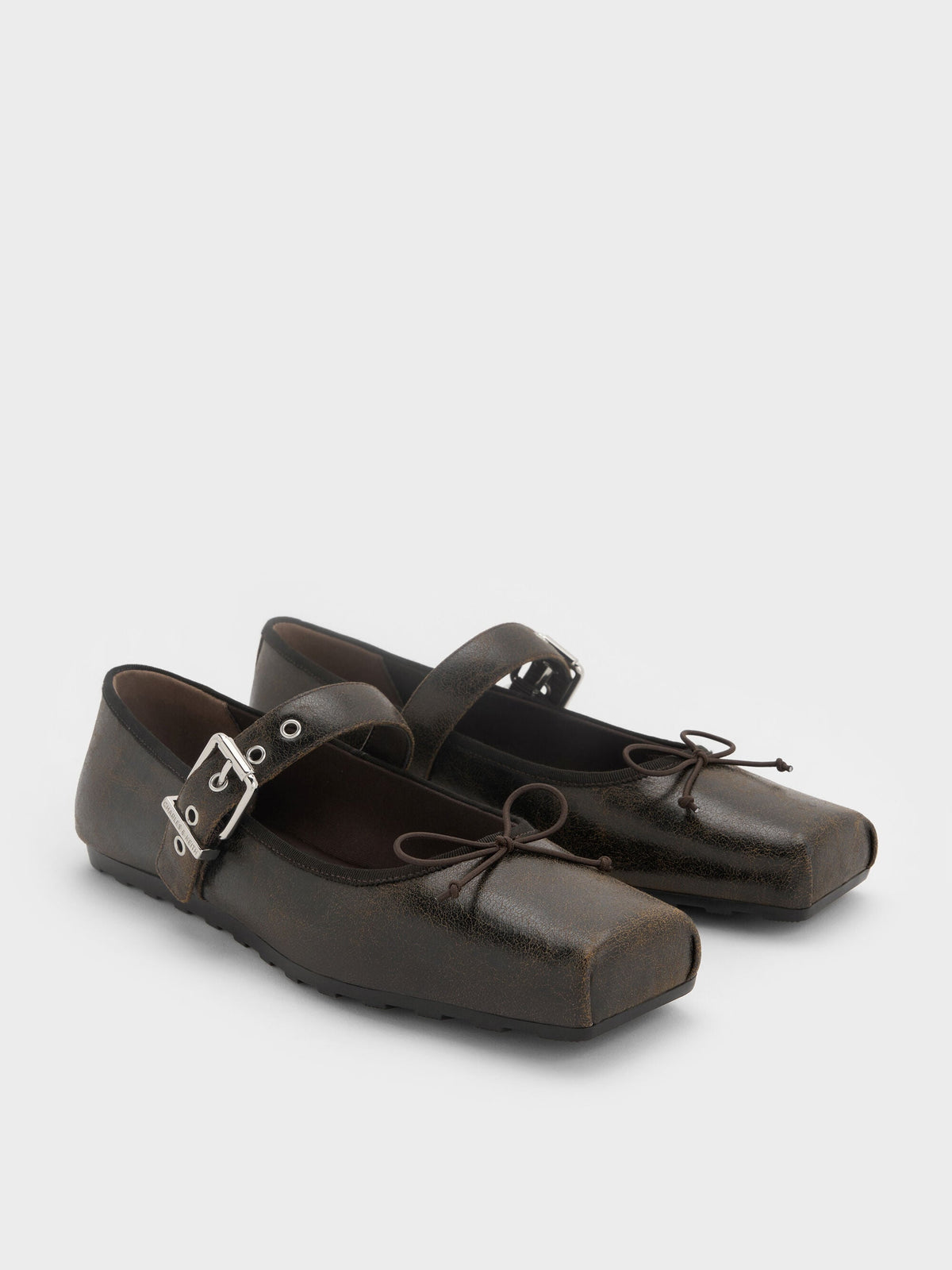 Myler Crinkle-Effect Bow Mary Janes - Dark Brown | CHARLES & KEITH