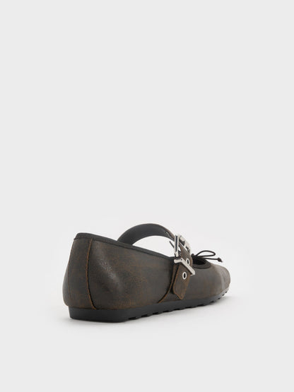 Myler Crinkle-Effect Bow Mary Janes - Dark Brown | CHARLES & KEITH