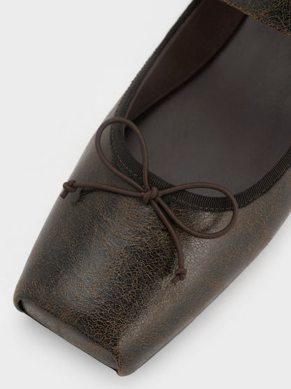 Myler Crinkle-Effect Bow Mary Janes - Dark Brown | CHARLES & KEITH