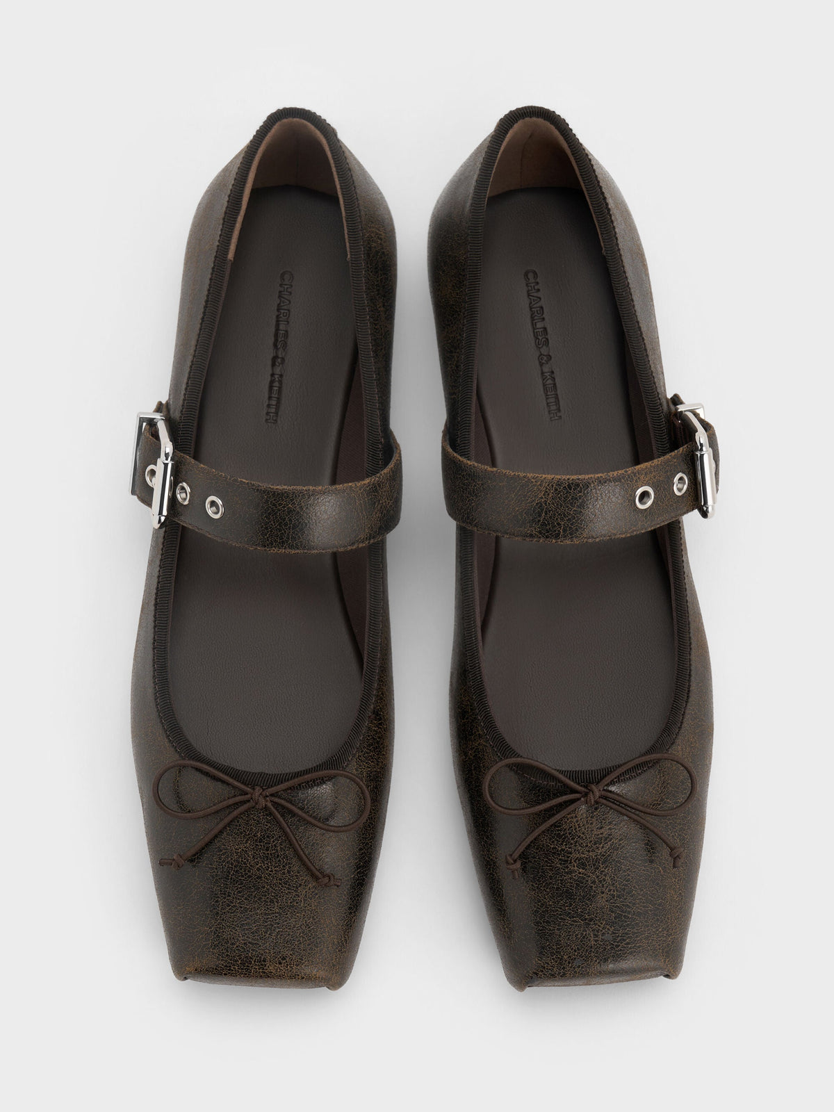 Myler Crinkle-Effect Bow Mary Janes - Dark Brown | CHARLES & KEITH