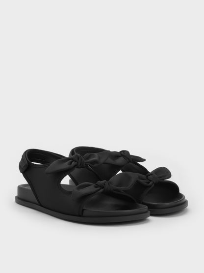 Silk Knot-Bow Slingback Sandals - Black Textured | CHARLES & KEITH