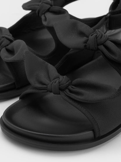 Silk Knot-Bow Slingback Sandals - Black Textured | CHARLES & KEITH