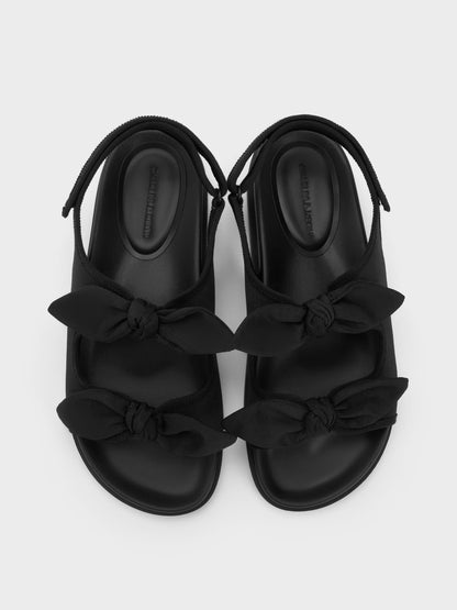 Silk Knot-Bow Slingback Sandals - Black Textured | CHARLES & KEITH